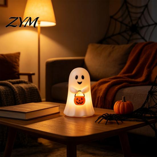 Durable Holiday Ornaments Cute Ghost Holding Pumpkin Bucket Table Lamp, Halloween Spooky Bedside Gift for Friends Small LED Night Light Bedroom