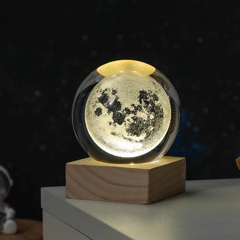 3D Solar System Crystal Ball Night Light with Wooden Base - Luminous Desktop Home Decor & Birthday Gift