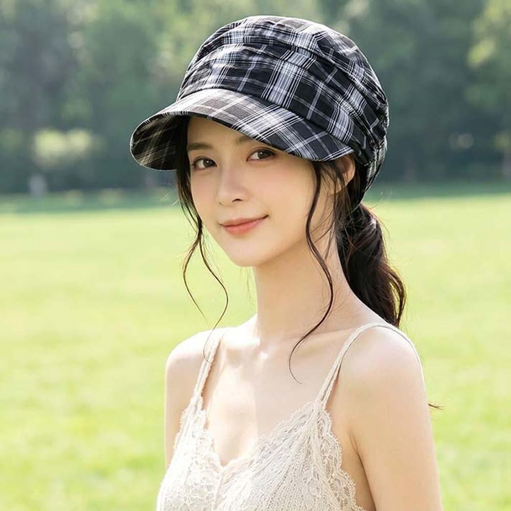 Japanese Style Plaid Pleated Equestrian Hat British Style Sun Protection Hat Masquerade