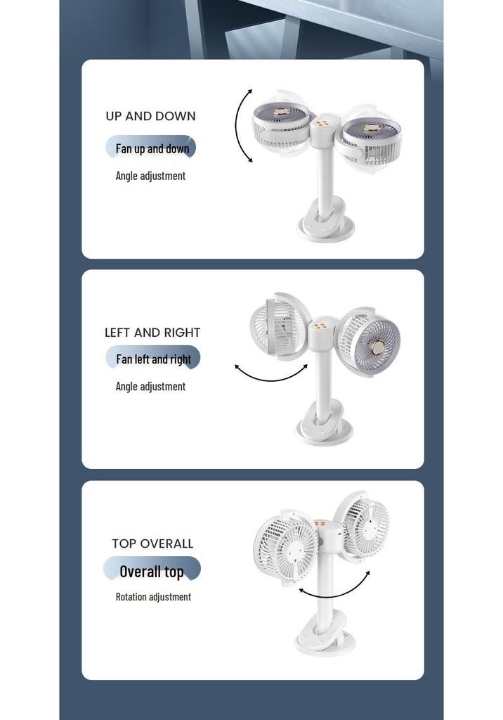 Dual-Head Desktop USB Fan with Light & Timer, Clip & Wall-Mount Options