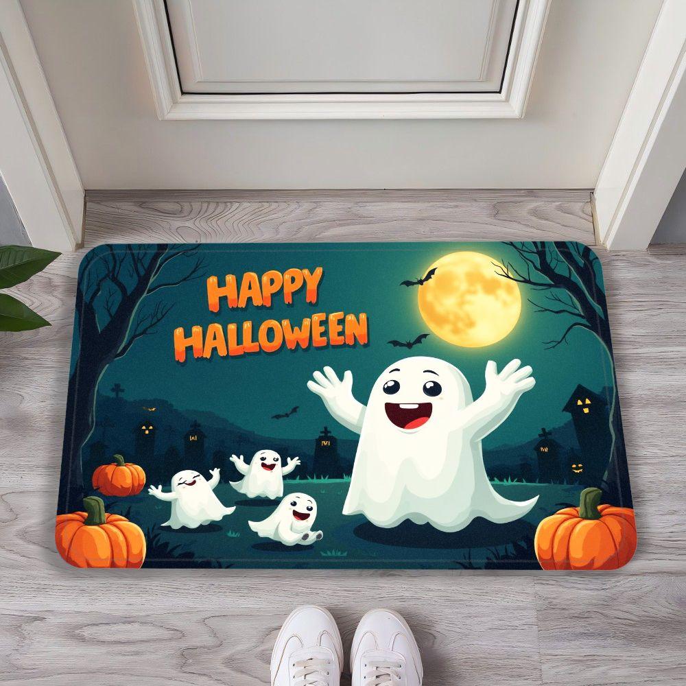Happy Halloween Welcome Mat, Cartoon Kids Cauldron Bat Moon Castle Indoor Front Door Rug Decor