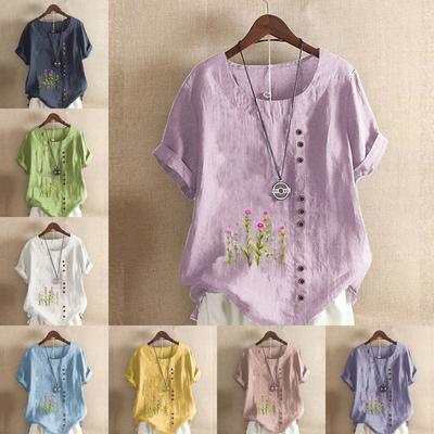 Женская модная футболка с коротким рукавом с цветочным принтом, свободная хлопковая рубашка, повседневная свободная летняя блузка, топы больших размеров