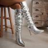 Women Knee Boots Pointed Toe Girls High Heel Boots Pleated Patent Leather Thin Heels Zip Shoes