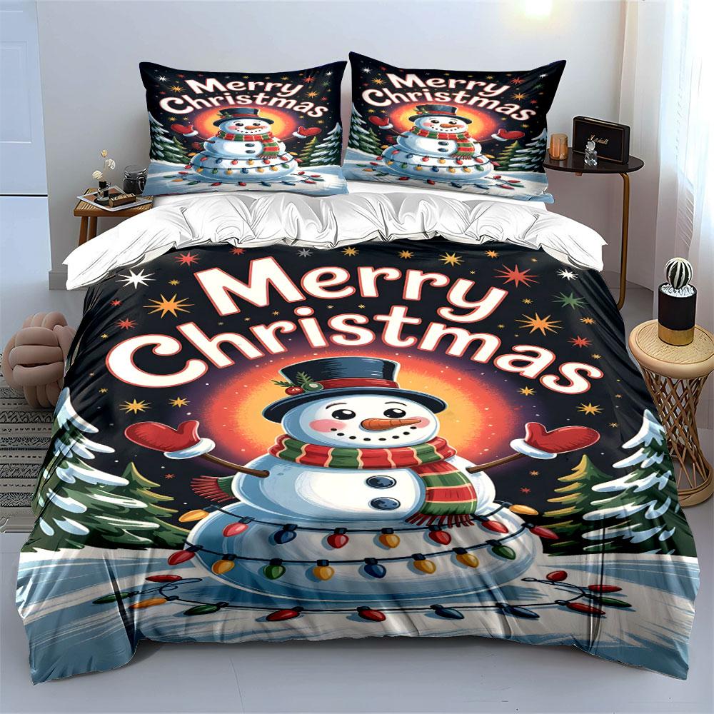 Merry Christmas Snowman Decor Bedding Duvet Cover Set Duvet Cover Pillowcases (1*Duvet Cover 2*Pillowcases, without duvet insert)