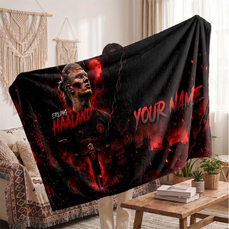 Erling Haaland Personalized Fleece Blanket With Football Logo, Custom Name Text Soft Warm Home Throw Blanket