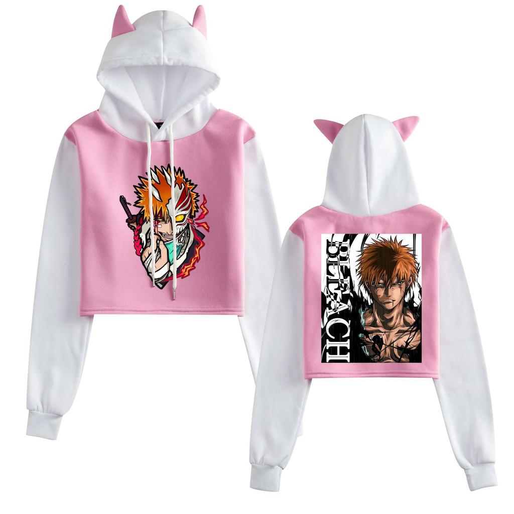 Худи с ушками кошки Бог Смерти BLEACH Куросаки Ичиго - Женское Осенне-Зимнее Аниме Дизайн Color Block