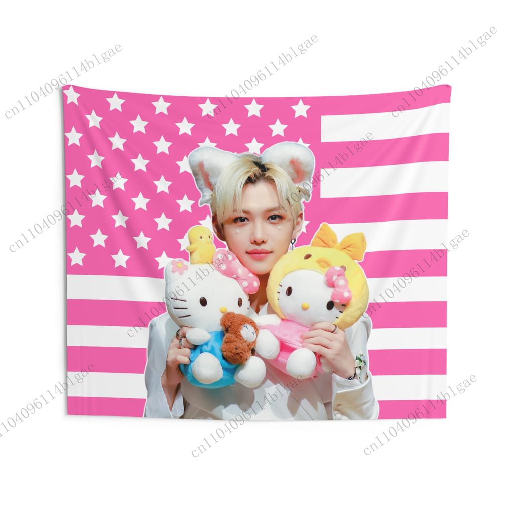 K-Pop Star & Pink Us Flag Tapestry Home Decoration, Cute Wall Hanging For Bedroom, Living Room & K-Pop Fans Felix American Tapes