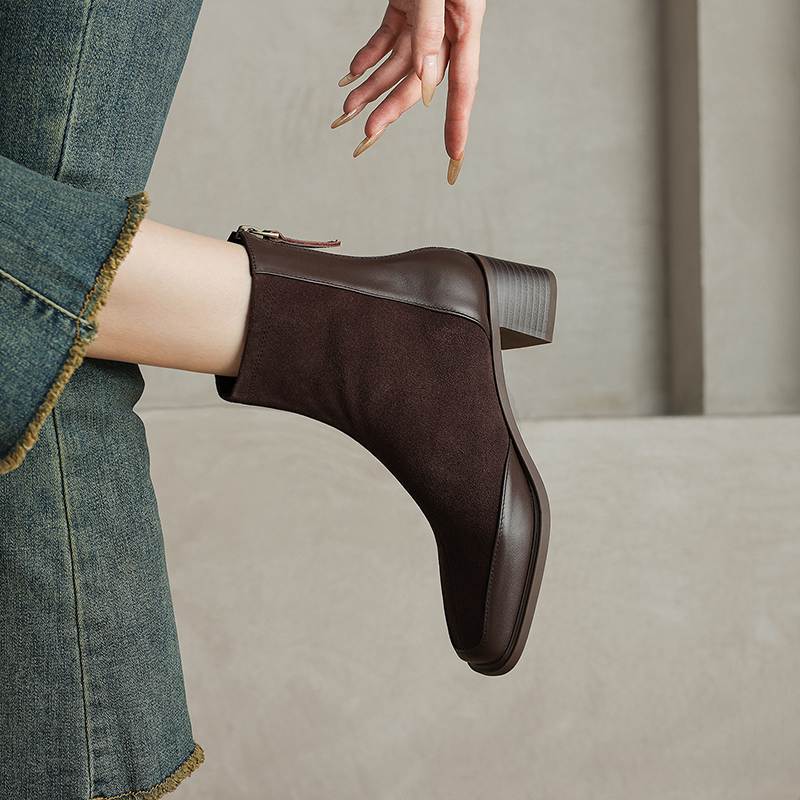 Krazing Pot Cow Suede Nubuck Autumn Winter Shoes Thick Heels Size 42 Square Toe Zipper Vintage Ankle Boots