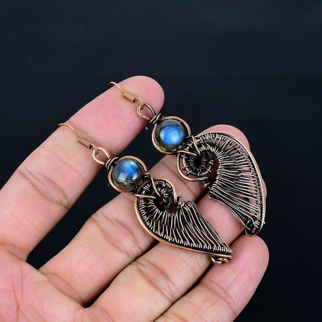 Labradorite 999 Copper Wire Wrapped Earrings, Handmade Gemstone Earrings Jewelry, Gifts For Wife Brand New Earrings