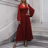 Women's Fashionable Solid Color V-neck Long Sleeved Slit Dress