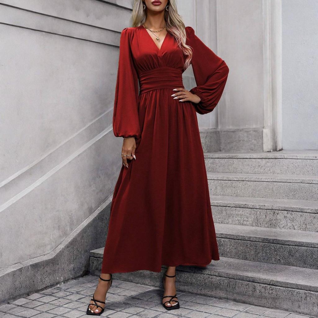 Women's Fashionable Solid Color V-neck Long Sleeved Slit Dress
