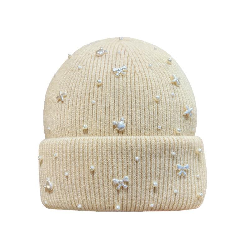 Autumn and winter new pearl bow light luxury wool hat women's big head circumference shows a small face, cold-proof ear protection knitted hat