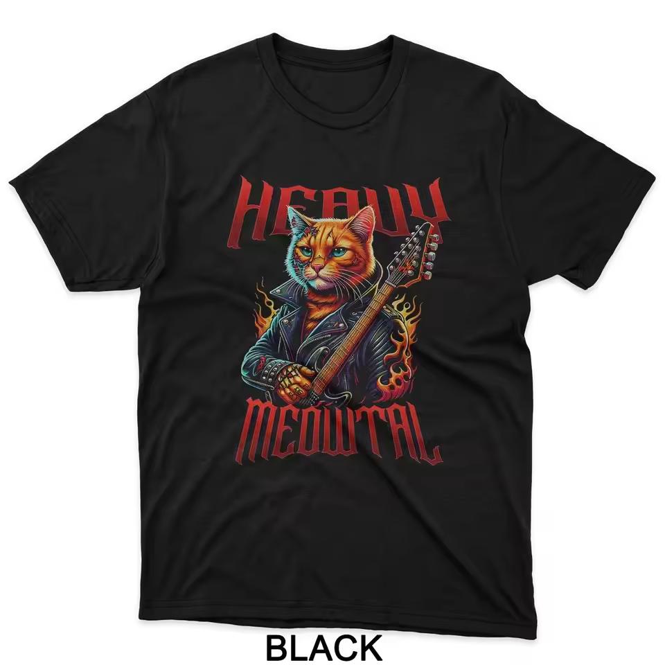 Rock Heavy Metal Cat and Rock and Roll Guitar Metal Music T-Shirt Graphic Men's T-Shirt Black Casual T shirt