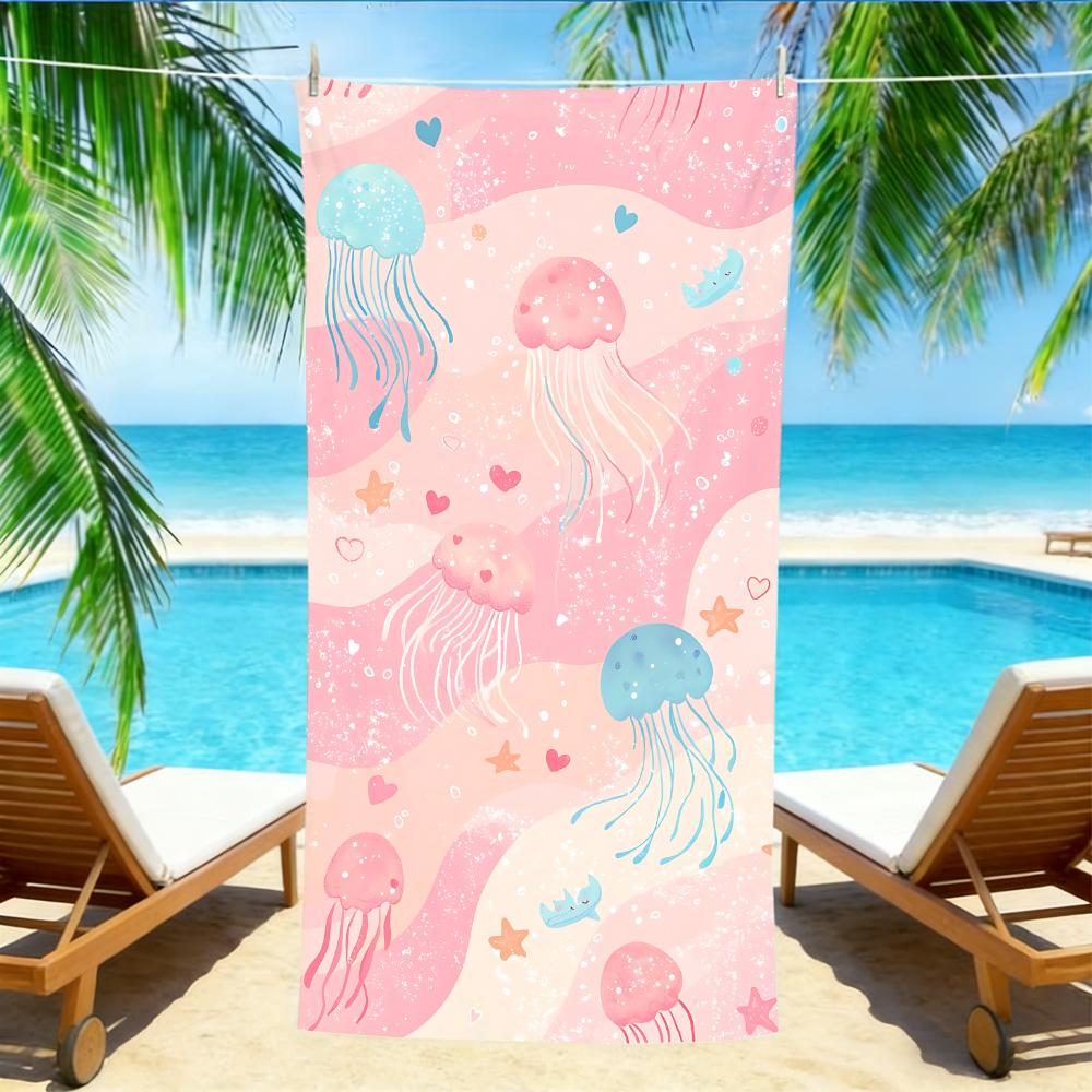 Cute Jellyfish Beach Towel – Soft Absorbent Microfiber with Heart & Starfish Print for Summer