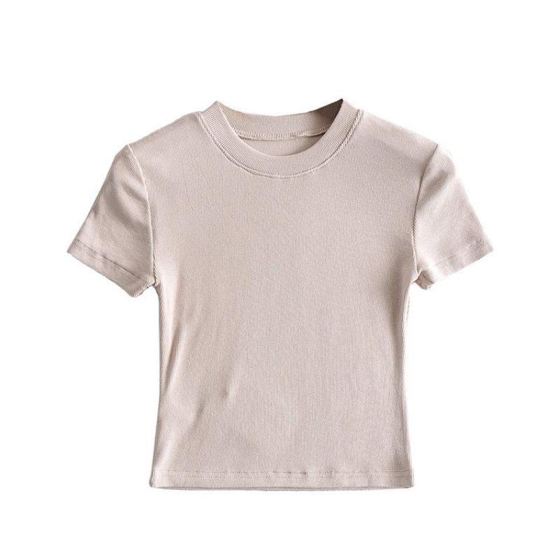 American Retro Solid Color Round Neck Elastic Crop Top Tee