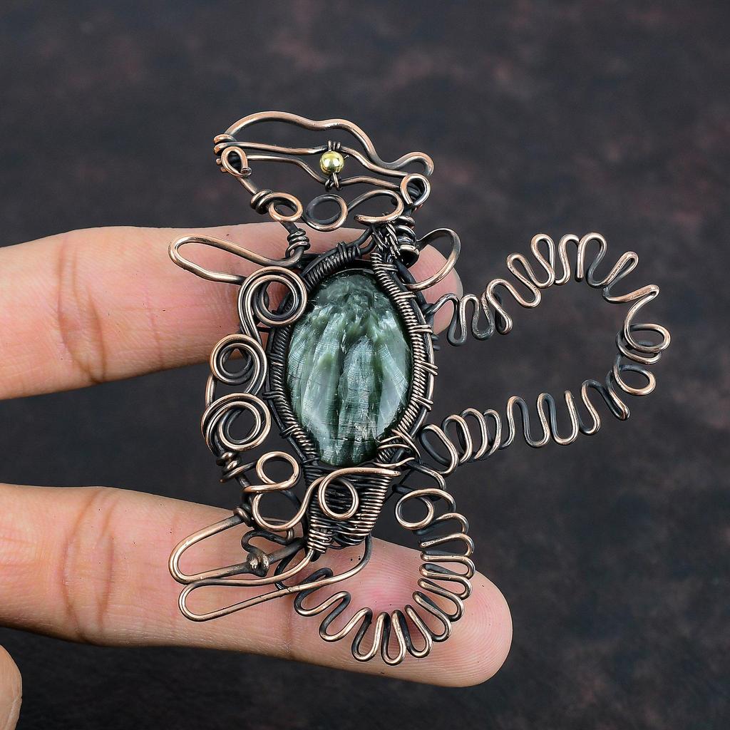 Подвеска из серафинита, обернутая медной проволокой, ювелирные изделия из драгоценного камня серафинита, чудесная подвеска в виде кролика, медные украшения ручной работы, подарки для жены