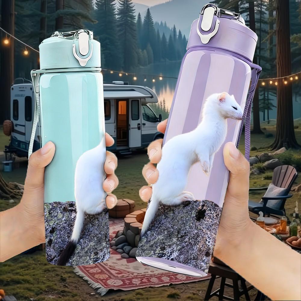 1PC White Rat Small Animal Print 750ml Color Plastic Sports Water Bottle Leakproof Flip Straw Lid Suitable for Sports Office Home Use