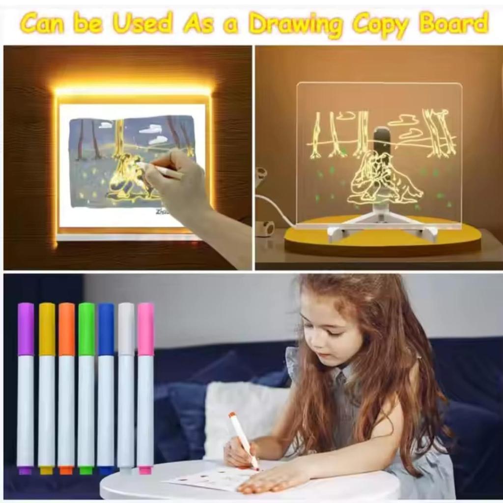 LED Acrylic Writing Board with Light & 7 Pens | DIY 3D Rewritable Message Pad | Night Lamp & Display Board for Home