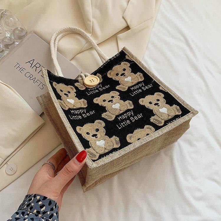 Льняная сумка-тоут с мишкой женская сумка для выхода маленькая сумка-сачел студенческая сумка через плечо тренд