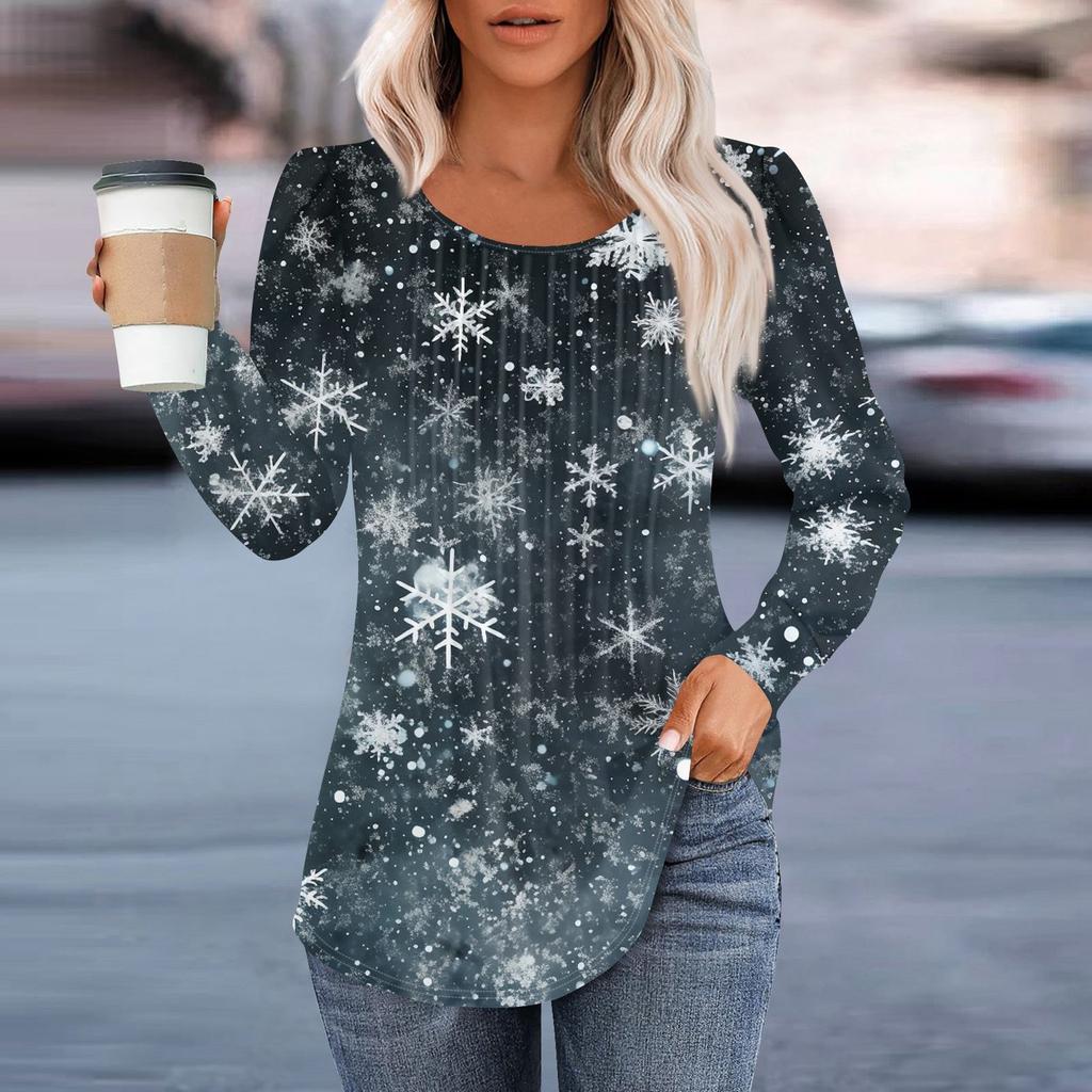 Женская повседневная и модная принтованная футболка с круглым вырезом и длинными рукавами, плиссированная футболка на Рождество
