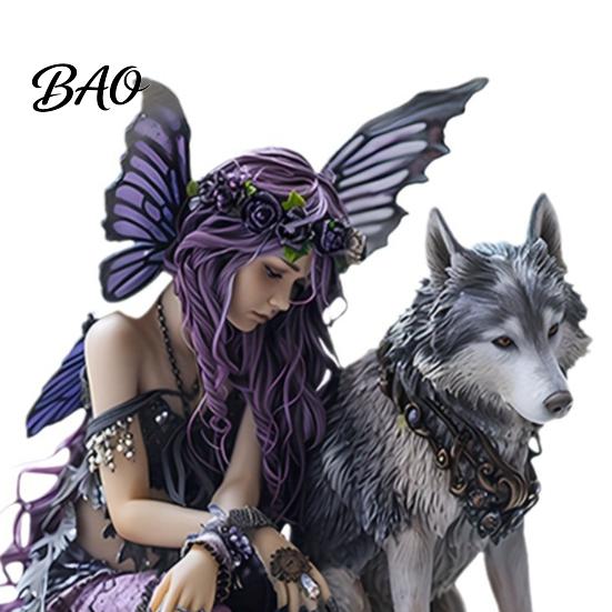 Detailed Fairy Tale Decor And Wolf Ornament, 2D Flat Acrylic Purple Winged Girl with Ornament Statue, Collectible Figurine for Home Office Desk Shelf