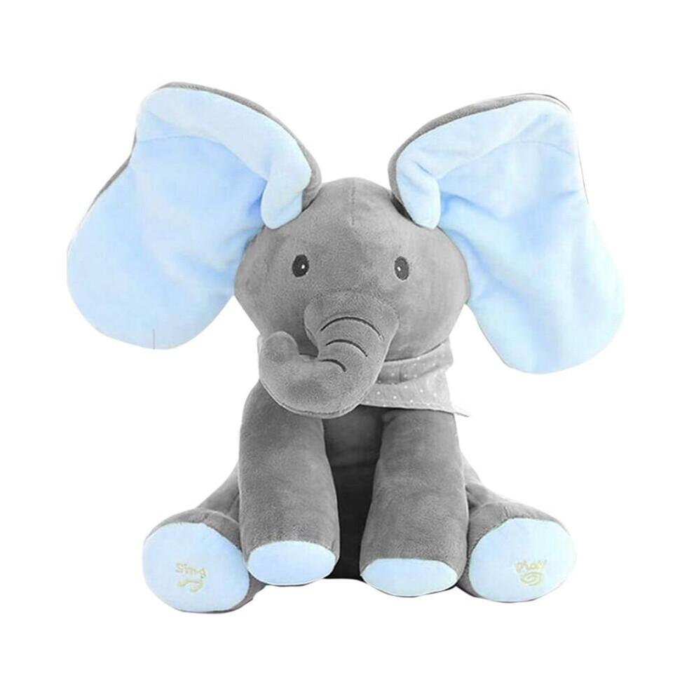 Peek-a-boo Elephant Plush Toy Singing Stuffed Doll Gift Gray+Blue