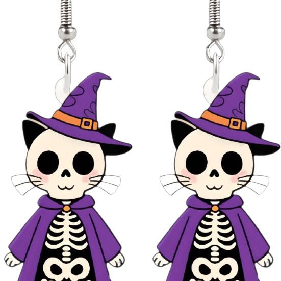 Acrylic Dangle Earrings 1 Pair Halloween Skeleton Cat Drop for Women, Witch Hat Skull Hoop Earring, Theme Jewelry Gift Sweet Cool