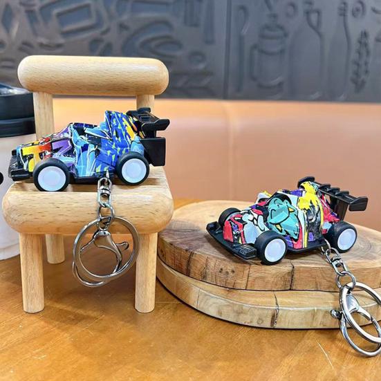 Go-cart Cartoon Keychain Pendant with Double-Ring Hook Anti-Detachable Design Decompression Tool Keychain Accessory