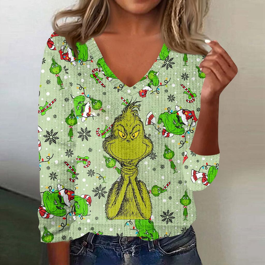 Women's Cute Sweatshirt Knitted Fashion Casual V-neck Long-sleeved Cozy Print Top