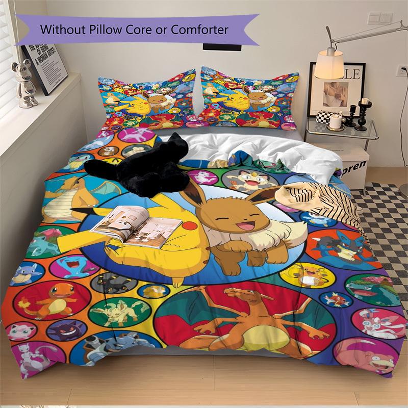 3pcs Pikachu Eevee Duvet Cover Set, 1 Duvet Cover + 1/2 Pillowcases (No Insert),Bedroom Decor, Allseason Comfort yy251021290