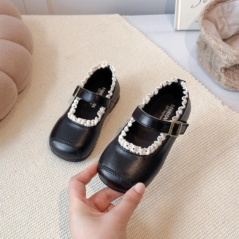 Весна 2026 Детские кожаные туфли Мэри Джейн с кружевной отделкой - Нескользящие, Мягкая подошва, Туфли для маленьких принцесс