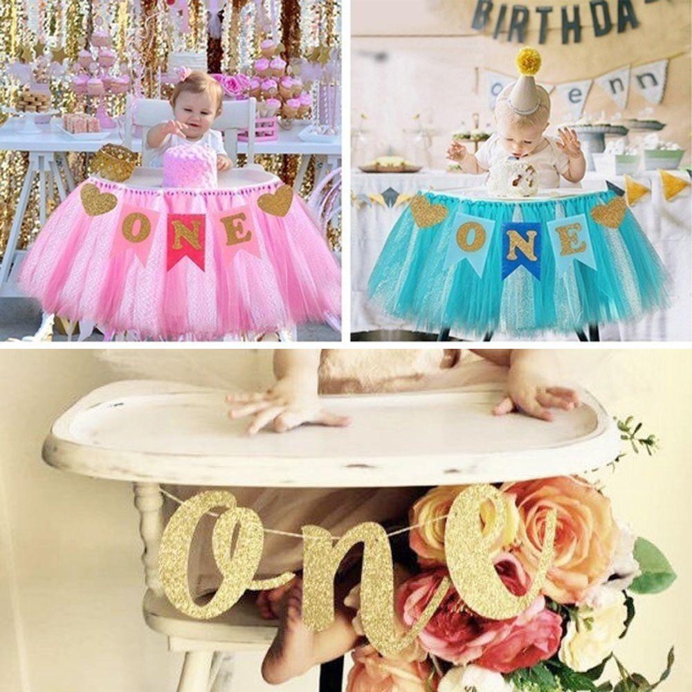 Prince Princess Gold Glitter ONE Hanging Flag 1st Birthday Party Decor Garlands Bunting Banner