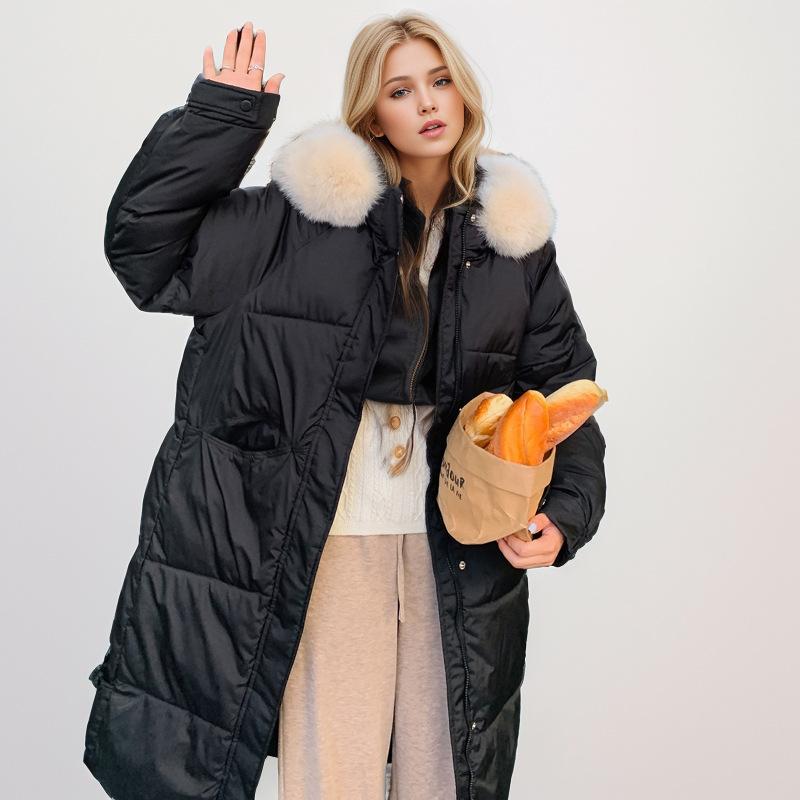 Женская стеганая куртка 2024 года, зимняя новая женская куртка из мехового воротника, утолщенная теплая хлопковая куртка, женская длинная куртка выше колена, пальто