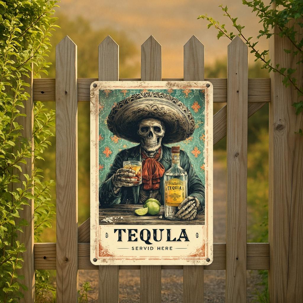 Vintage Mexican TequilaThemed Metal Wall Art Sign Rustic Sombrero Skull and Tequila Bottle Design