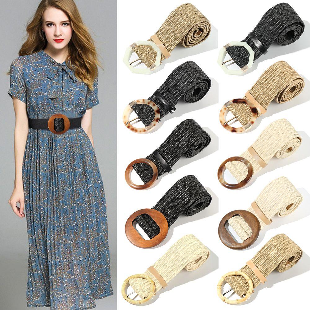 Summer Wide Bohemian Waistbelt Straw Belt Wooden Buckle Elastic