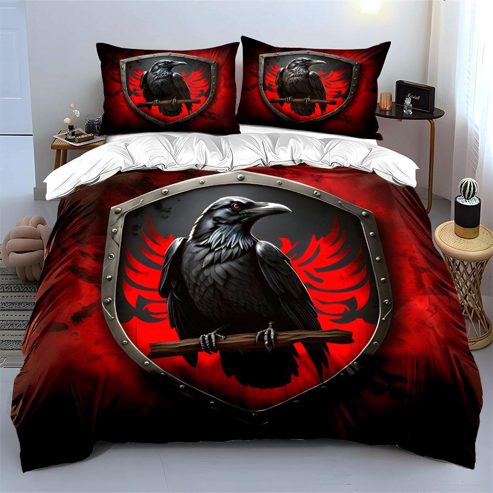 Black Raven Shield Design Print Bedding Set 1 Duvet Cover 2 Pillowcases for Adult and Children Luxury Gift Full Size