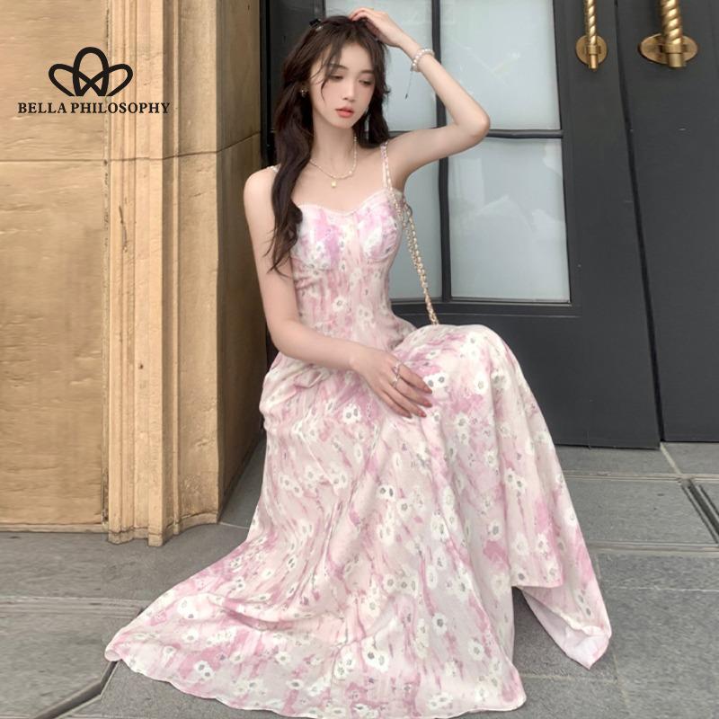 French Blue Oil Painting Long Dress Beach Dress Floral Sling Dress Women's Summer Fairy Style Casual Party Dress