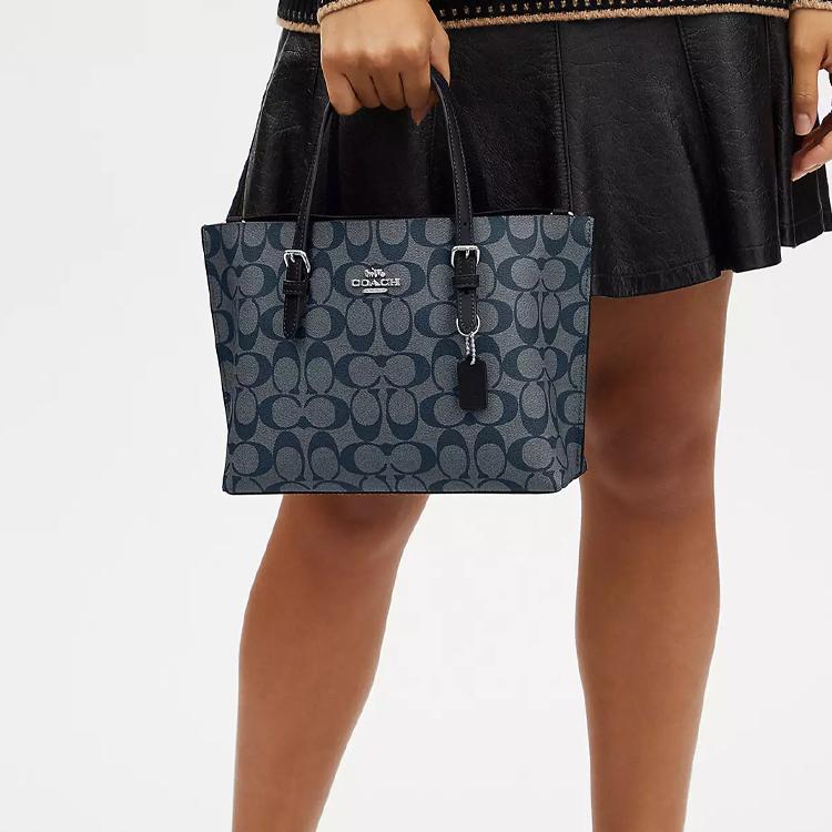 Coach Mollie Classic Monogram Сумка-тоут на молнии из покрытого холста и кожи Женская сумка-тоут Серебристый Темно-синий C4250-SVN2V
