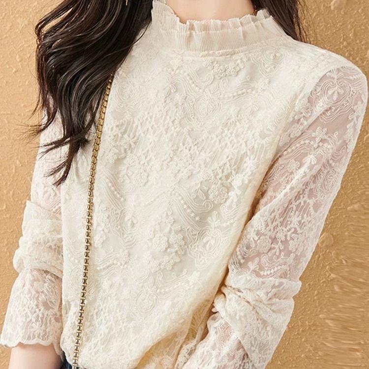 Высококачественная кружевная базовая рубашка для женщин на весну и осень. Универсальный тонкий топ на осень.