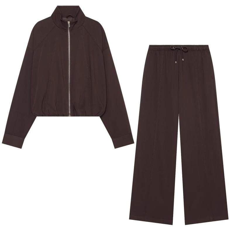 Womens Vintage-Inspired Zip-Up Pilot Jacket High-Waisted Wide-Leg Pants Set Lightweight Casual Outfit