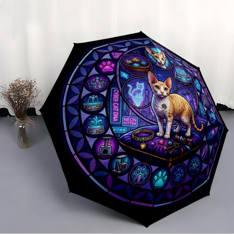 Cyber Cat Glass pattern umbrella, portable and foldable design, 8 ribs, a casual accessory for Halloween, Christmas, and birthday gifts.