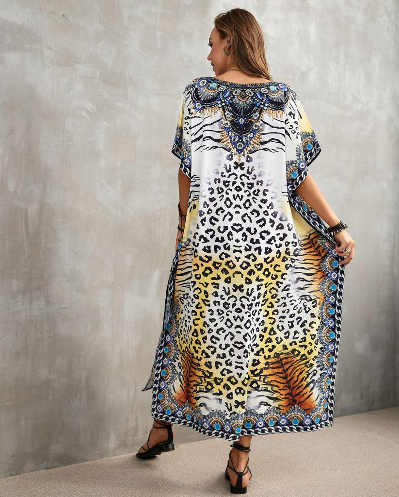 Индиго Цветочный Пляжный Халат: Свободное пляжное праздничное платье с солнцезащитным эффектом и накидка для бикини