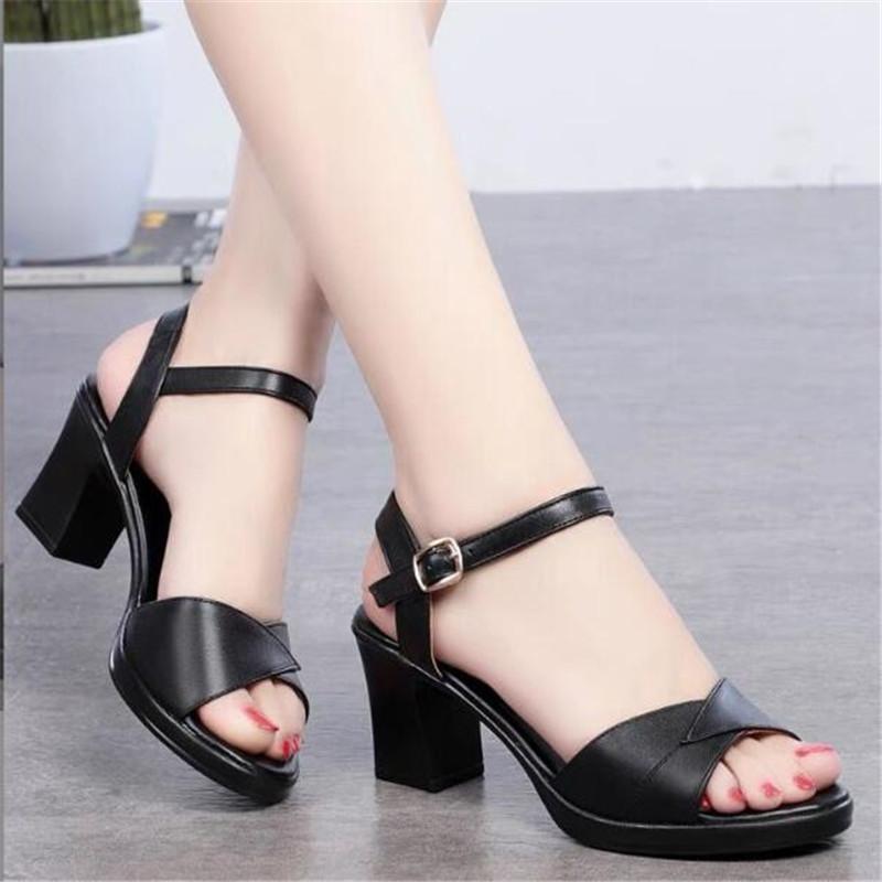 Женские туфли из натуральной кожи, босоножки на высоком каблуке и платформе, женские босоножки с пряжкой на толстом каблуке, женские туфли-лодочки, летние черные, размеры 35-42