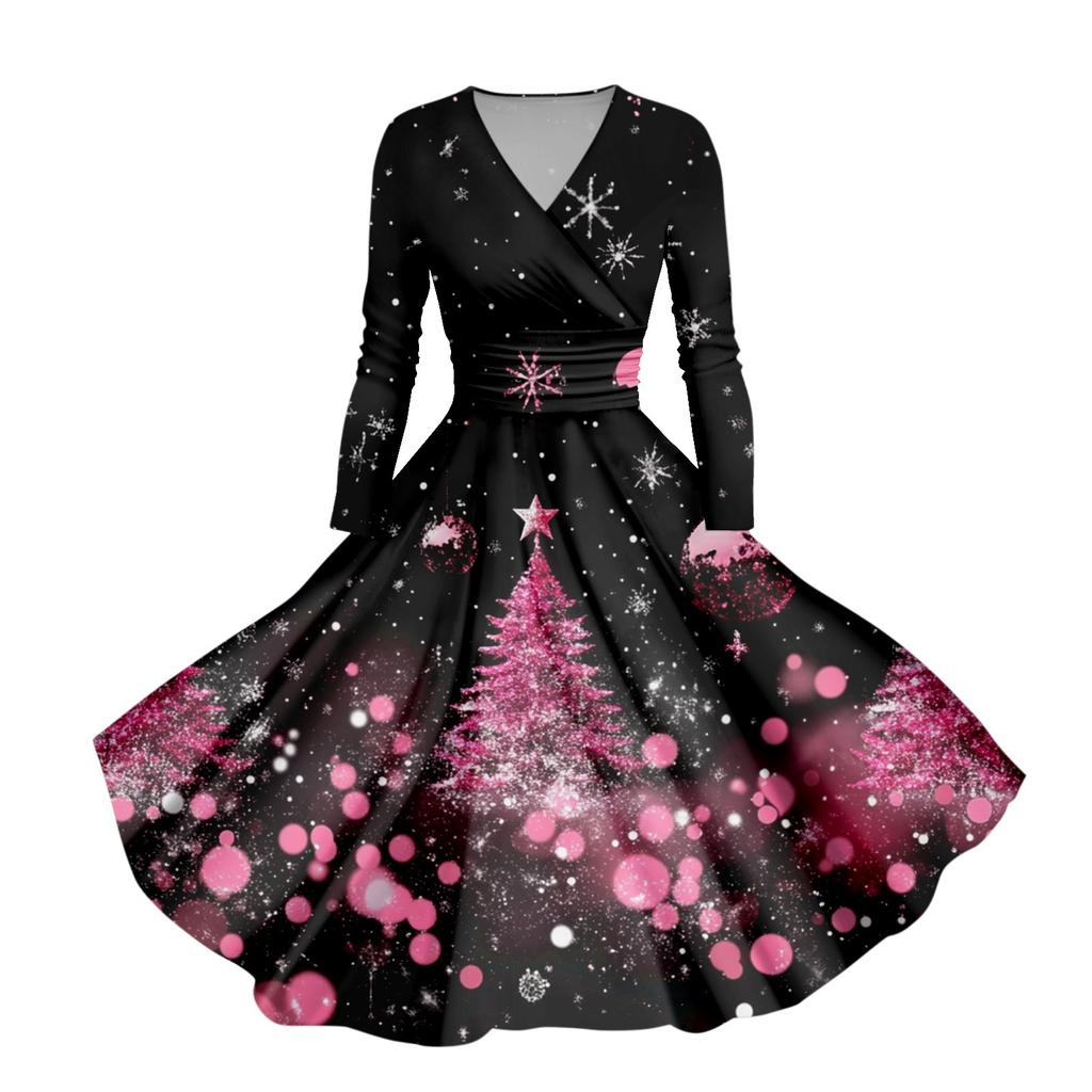 Женское облегающее платье свободного кроя с принтом рождественской елки и снежинок, V-образным вырезом и длинными рукавами
