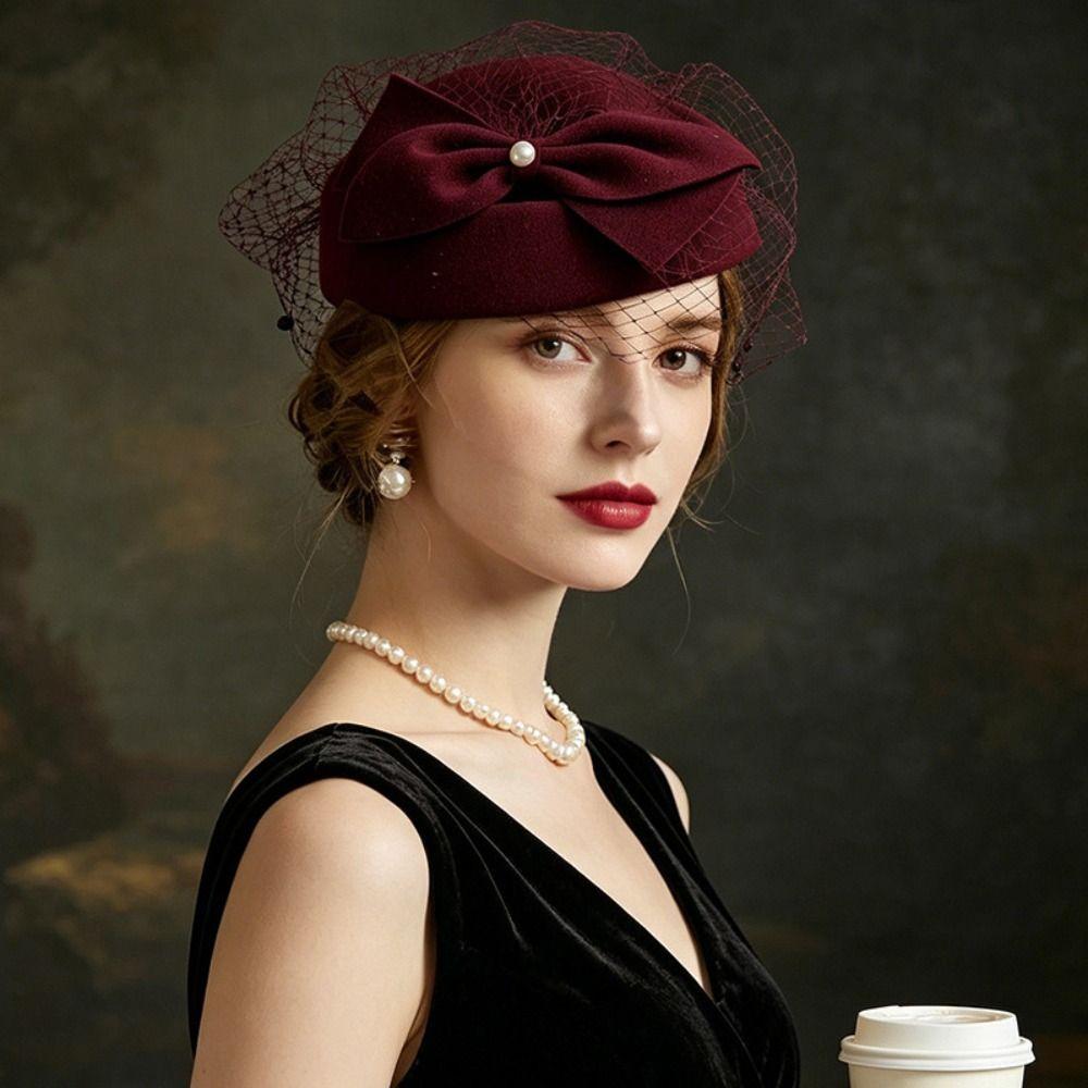 Fedoras Mesh Topper Hat Elegant Woolen Beret Uniform Stewardess Hat Pillbox Hat Women