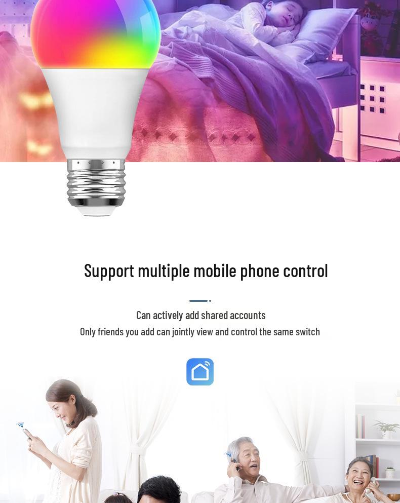 Умная RGB LED Лампочка E27 9W, Семицветная, WiFi