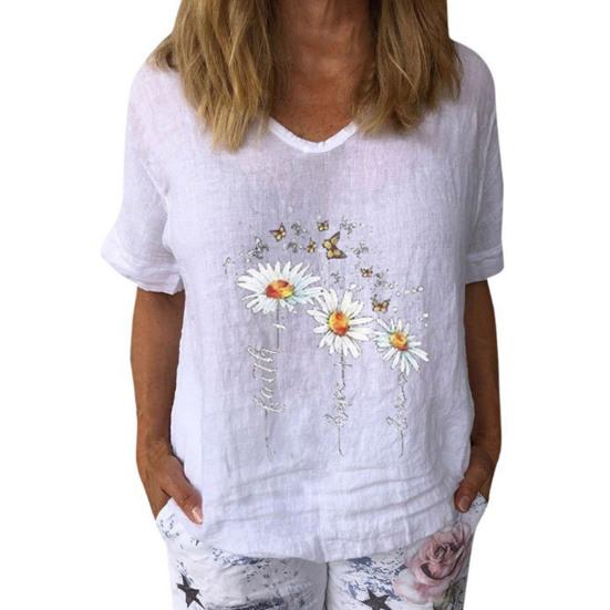 Casual Women T-shirt V Neck Marguerite Butterfly Printed Short Sleeve