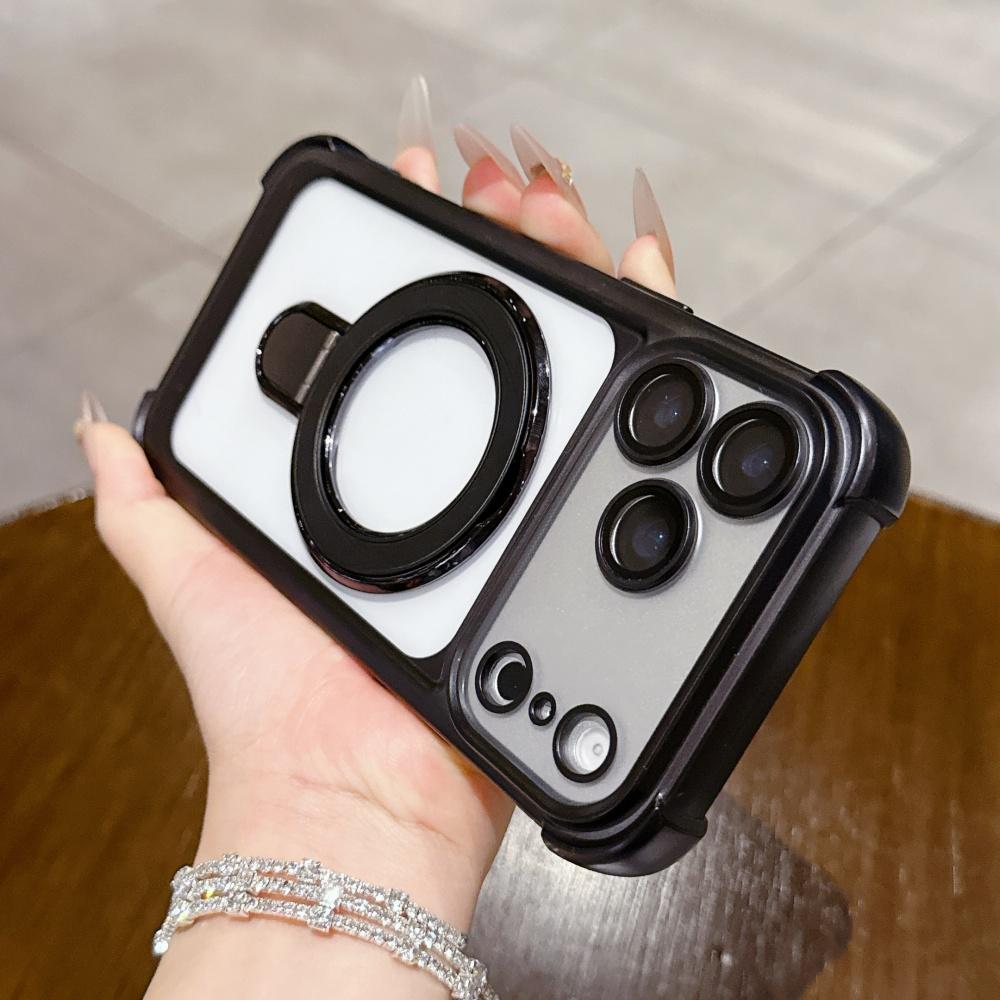 Magnetic Plating Matte Bracket Stand Clear Case For iPhone 17 Air 16 15 14 13 Pro Max Plus Shockproof Lens Protect Cover