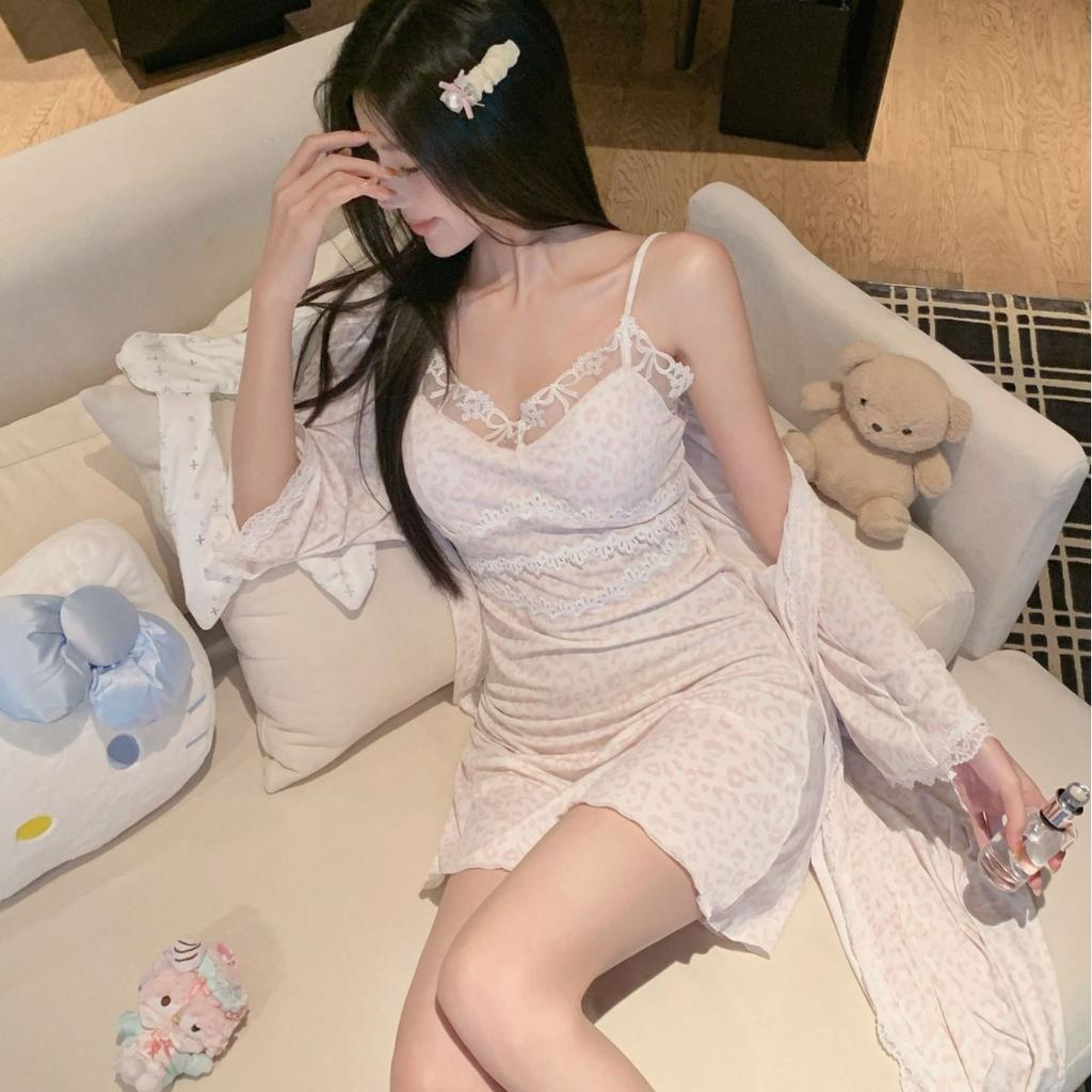 Ice silk summer new nightgown female sexy pure desire sweet leopard print thin suspender pajamas summer nightgown set