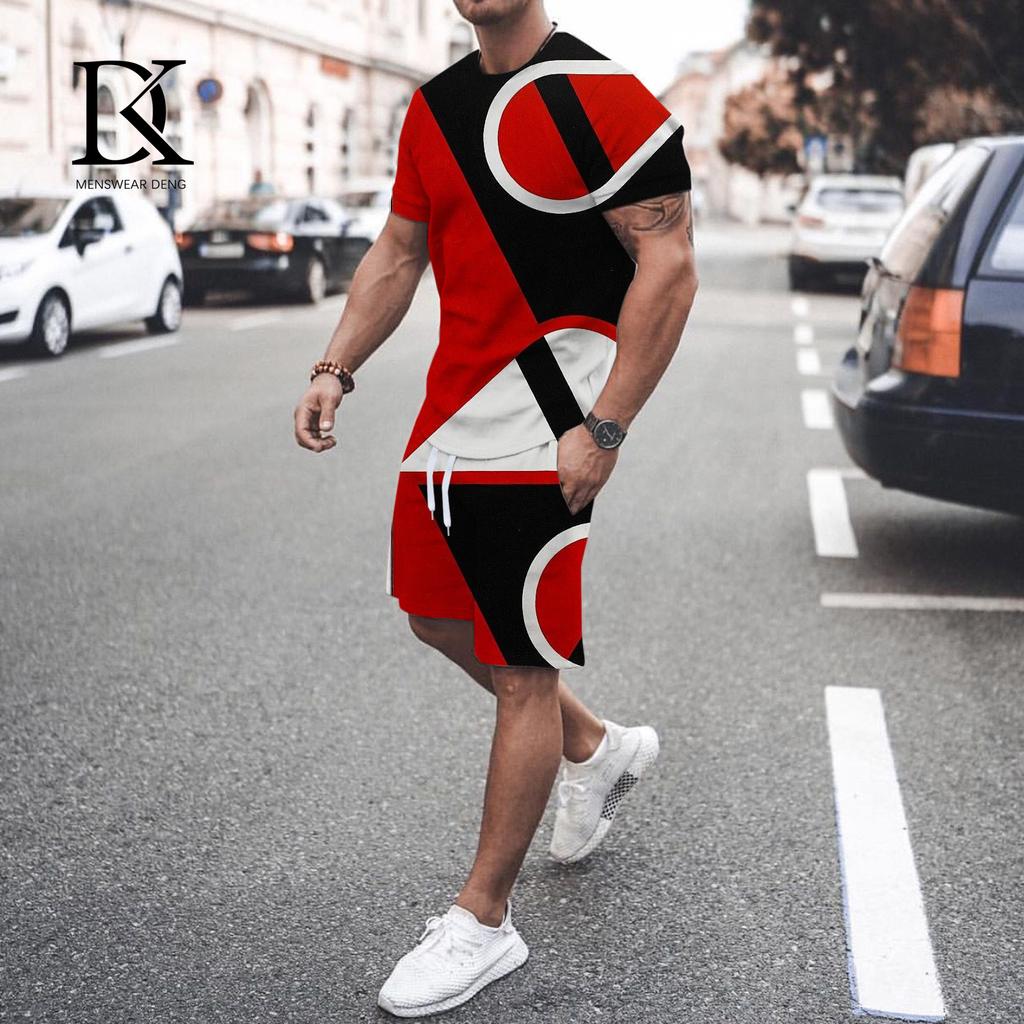 Летний мужской комплект футболок, черно-белый сетчатый 3D-принт, одежда большого размера, трендовый мужской спортивный костюм, футболка для фитнеса, шорты, комплект одежды